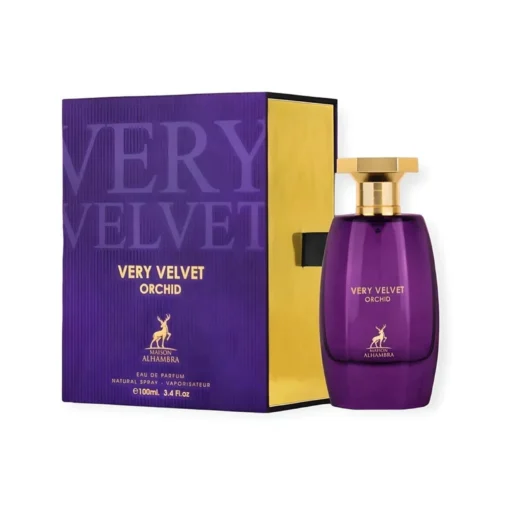 Maison Alhambra Very Velvet Orchid 100 ml, flacon și cutie, pe fundal alb