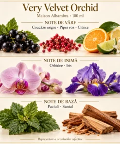 Note olfactive Maison Alhambra Very Velvet Orchid 100 ml: coacăze negre, piper roz, citrice, orhidee, iris, paciuli și santal