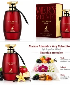 Maison Alhambra Very Velvet Rouge 100 ml, colaj cu flacon, cutie și piramida aromelor