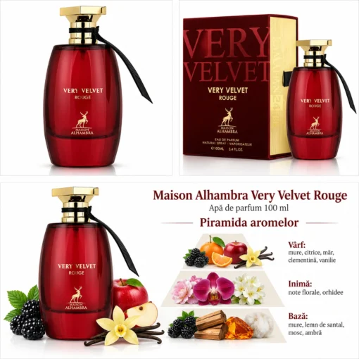Maison Alhambra Very Velvet Rouge 100 ml, colaj cu flacon, cutie și piramida aromelor
