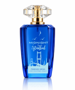 Parfum Midnight in Istanbul by PATRIC 100 ml, flacon albastru cobalt cu capac transparent fațetat, detalii aurii și silueta Istanbulului.