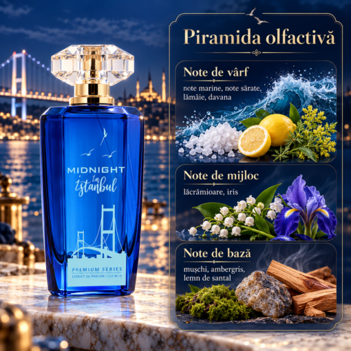 Piramida olfactivă Midnight in Istanbul by PATRIC 100 ml, cu sare de mare, lămâie, davana, lăcrămioare, iris, mușchi, ambră și santal.
