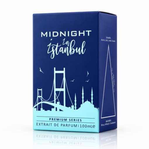 Cutie parfum Midnight in Istanbul by PATRIC 100 ml, ambalaj bleumarin cu ilustrații albastre ale Istanbulului și inscripția Premium Series.