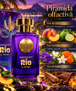 Piramida olfactivă Midnight in Rio by PATRIC 100 ml, cu piersică, bergamotă, turmeric, violetă, iasomie, crăițe, tuberoză, santal și ambroxan.