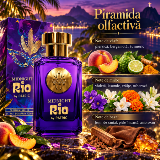 Piramida olfactivă Midnight in Rio by PATRIC 100 ml, cu piersică, bergamotă, turmeric, violetă, iasomie, crăițe, tuberoză, santal și ambroxan.