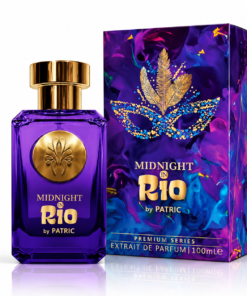 Midnight in Rio by PATRIC 100 ml, flacon violet cu capac auriu și cutie multicoloră violet-albastră, cu pene aurii decorative.