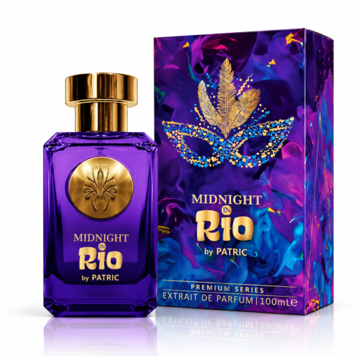 Midnight in Rio by PATRIC 100 ml, flacon violet cu capac auriu și cutie multicoloră violet-albastră, cu pene aurii decorative.