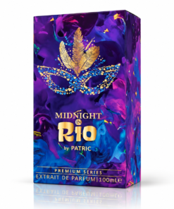 Cutie parfum Midnight in Rio by PATRIC 100 ml, ambalaj violet și albastru cu pene aurii, grafică multicoloră și inscripția Premium Series.