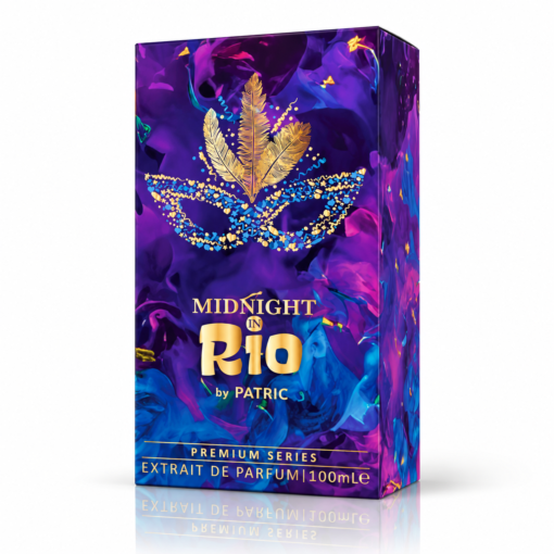 Cutie parfum Midnight in Rio by PATRIC 100 ml, ambalaj violet și albastru cu pene aurii, grafică multicoloră și inscripția Premium Series.