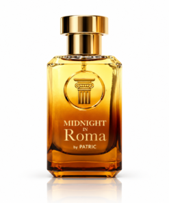 Parfum Midnight in Roma by PATRIC 100 ml, flacon din sticlă chihlimbar cu capac auriu și emblemă de coloană romană, pe fundal alb.