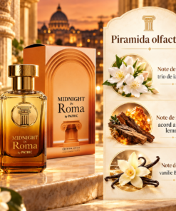 Piramida olfactivă Midnight in Roma by PATRIC 100 ml, cu trio de iasomie la vârf, acord ambrat lemnos la mijloc și vanilie Bourbon la bază.