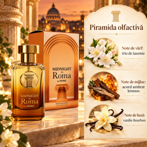 Piramida olfactivă Midnight in Roma by PATRIC 100 ml, cu trio de iasomie la vârf, acord ambrat lemnos la mijloc și vanilie Bourbon la bază.