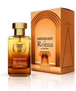 Midnight in Roma by PATRIC 100 ml, parfum cu flacon auriu-chihlimbar, capac metalic auriu și cutie teracotă cu arcadă și coloană romană.