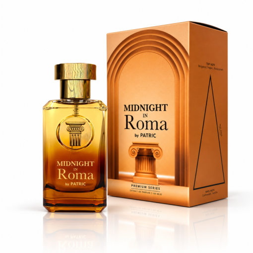 Midnight in Roma by PATRIC 100 ml, parfum cu flacon auriu-chihlimbar, capac metalic auriu și cutie teracotă cu arcadă și coloană romană.