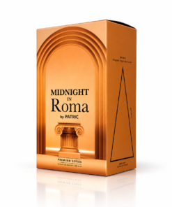 Cutie parfum Midnight in Roma by PATRIC 100 ml, ambalaj teracotă cu arcade romane, coloană decorativă și inscripția Premium Series.