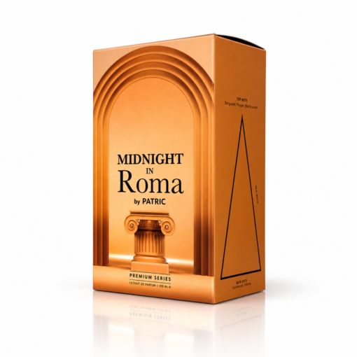 Cutie parfum Midnight in Roma by PATRIC 100 ml, ambalaj teracotă cu arcade romane, coloană decorativă și inscripția Premium Series.