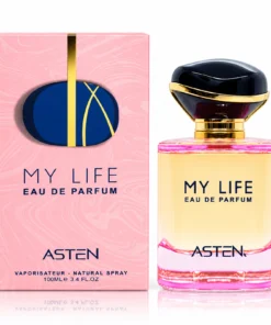 Flacon și cutie My Life Asten, apă de parfum pentru femei, 100 ml, pe fundal alb
