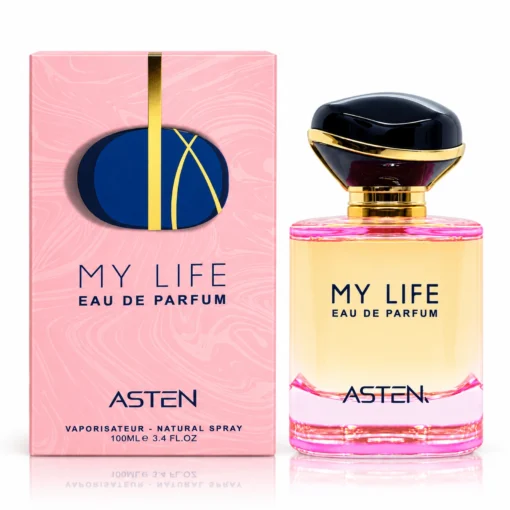 Flacon și cutie My Life Asten, apă de parfum pentru femei, 100 ml, pe fundal alb