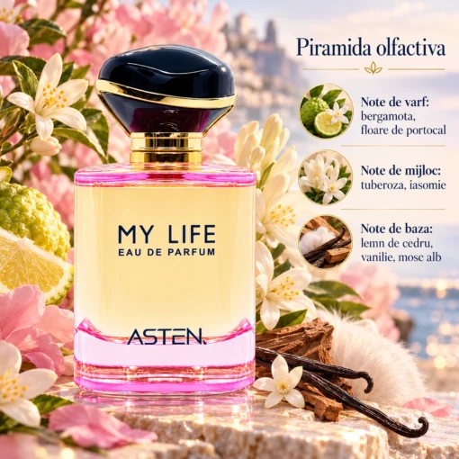 Piramida olfactivă My Life Asten 100 ml: Bergamotă, Floare de portocal, Iasomie indiană, Tuberoză, Cedru de Virginia, Mosc alb