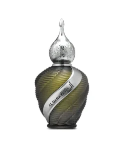Flacon Niche Emarati Al Dana 100 ml, verde măsliniu cu bandă argintie, pe fundal alb