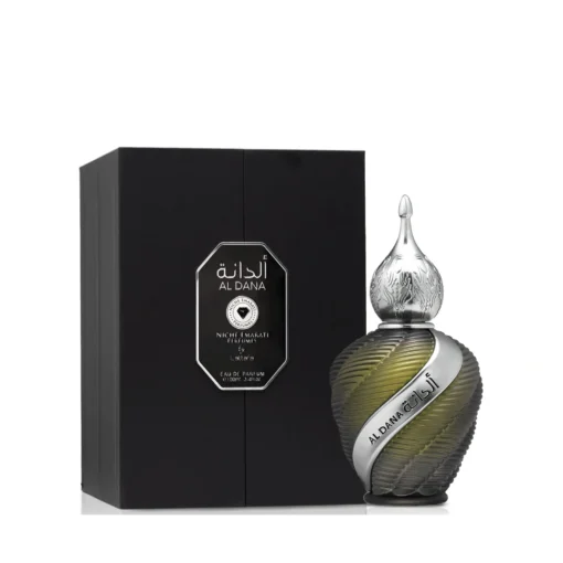 Niche Emarati Al Dana 100 ml, flacon cu capac argintiu alături de cutia neagră