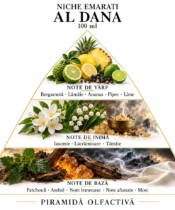 Piramida olfactivă Niche Emarati Al Dana: citrice, ananas și piper; iasomie, lăcrămioare și tămâie; patchouli, ambră, note lemnoase, afumate și mosc