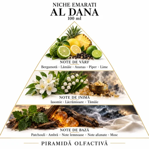Piramida olfactivă Niche Emarati Al Dana: citrice, ananas și piper; iasomie, lăcrămioare și tămâie; patchouli, ambră, note lemnoase, afumate și mosc