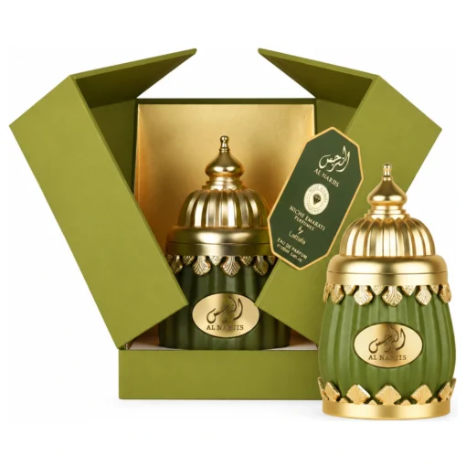 Niche Emarati Al Narjis 100 ml, flacon verde cu auriu și ambalaj verde deschis