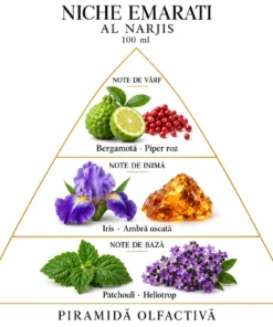 Piramida olfactivă Niche Emarati Al Narjis: bergamotă, piper roz, iris, ambră uscată, patchouli și heliotrop
