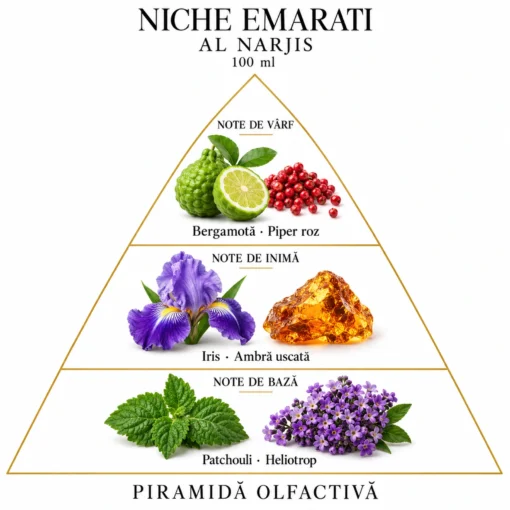 Piramida olfactivă Niche Emarati Al Narjis: bergamotă, piper roz, iris, ambră uscată, patchouli și heliotrop