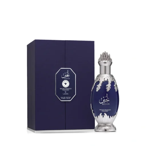 Niche Emarati Lujain 100 ml, flacon violet cu ornamente argintii și cutie violet