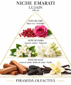 Piramida olfactivă Niche Emarati Lujain: piper roz, trandafir; iasomie sambac, tuberoză; santal, tonka, vanilie