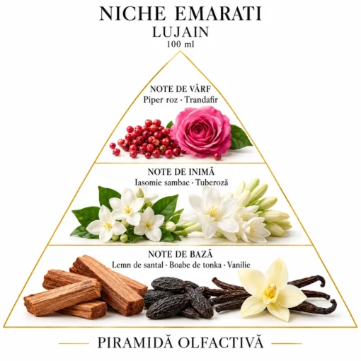 Piramida olfactivă Niche Emarati Lujain: piper roz, trandafir; iasomie sambac, tuberoză; santal, tonka, vanilie