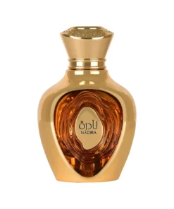 Flacon auriu Niche Emarati Nadira, apă de parfum pentru femei 100 ml, pe fundal alb