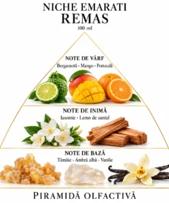 Piramida olfactivă Niche Emarati Remas: bergamotă, mango, portocală; iasomie, santal; tămâie, ambră albă, vanilie