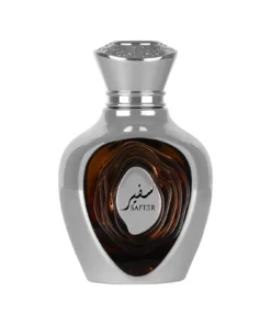 Flacon argintiu Niche Emarati Safeer, apă de parfum pentru bărbați 100 ml, pe fundal alb