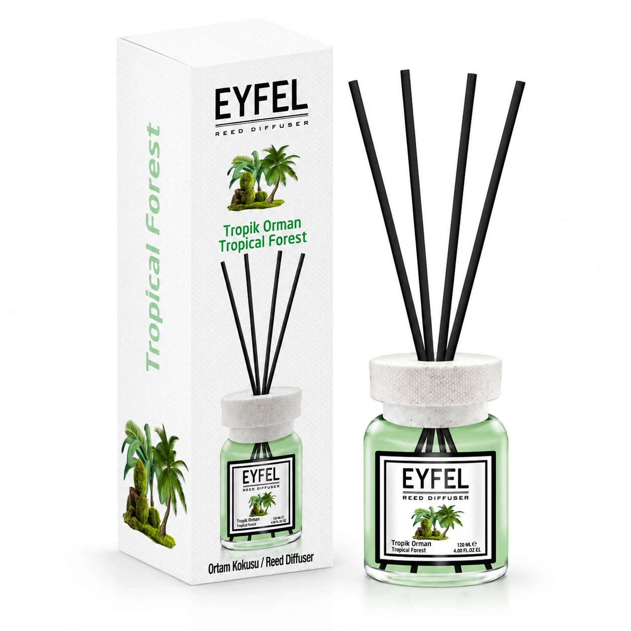 Odorizant de cameră Eyfel Pădure Tropicală 120 ml, flacon cu bețișoare și ambalaj