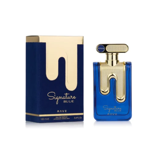 Rave Signature Blue 100 ml – flacon și cutie pe fundal alb