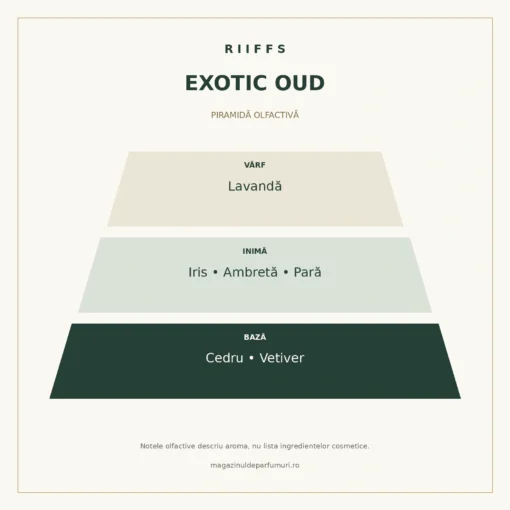 Piramida olfactivă Riiffs Exotic Oud: lavandă, iris, ambretă, pară, cedru și vetiver