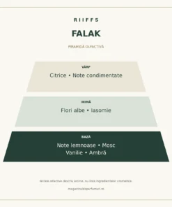 Piramida olfactivă Riiffs Falak: citrice, condimente, flori albe, iasomie, lemn, mosc, vanilie și ambră