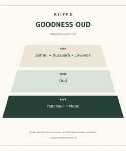 Piramida olfactivă Goodness Oud: șofran, nucșoară, lavandă, oud, patchouli și mosc