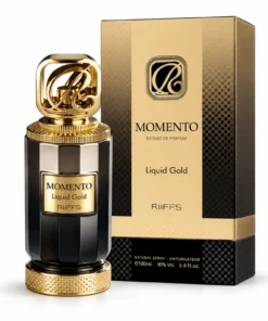 Riiffs Momento Liquid Gold 100 ml – flacon negru și auriu alături de cutia originală