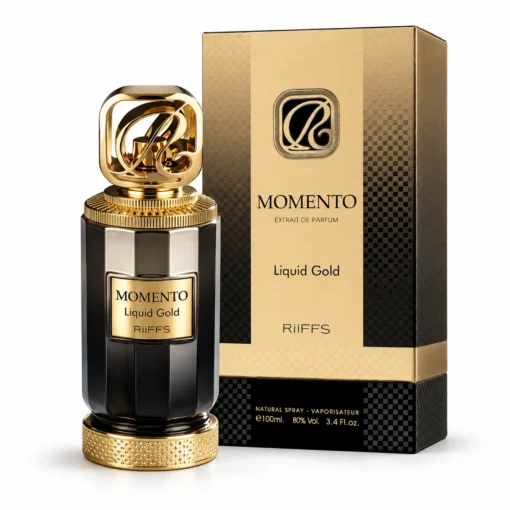 Riiffs Momento Liquid Gold 100 ml – flacon negru și auriu alături de cutia originală