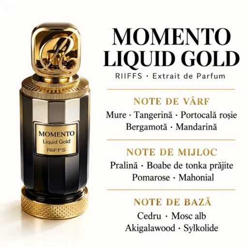 Riiffs Momento Liquid Gold: note de mure, citrice, pralină, tonka, cedru și mosc alb