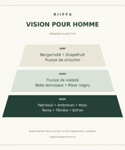 Piramida olfactivă Riiffs Vision Pour Homme: citrice, frunze de smochin și violetă, lemn, piper, patchouli, ambroxan, mosc, tonka, tămâie și șofran