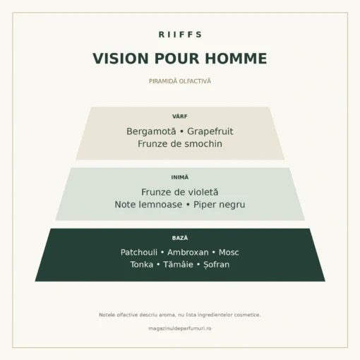 Piramida olfactivă Riiffs Vision Pour Homme: citrice, frunze de smochin și violetă, lemn, piper, patchouli, ambroxan, mosc, tonka, tămâie și șofran