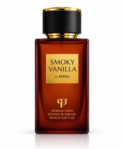Parfum unisex Smoky Vanilla by PATRIC 100 ml, flacon maro-chihlimbar cu capac negru, detalii aurii și etichetă Smoky Vanilla.