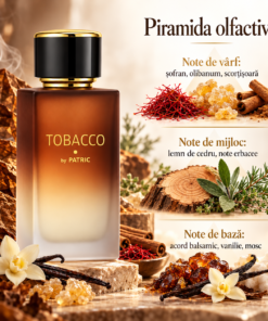 Piramida olfactivă Tobacco by PATRIC 100 ml, cu șofran, rășini, scorțișoară, cedru, note erbacee, vanilie și mosc, alături de flacon.