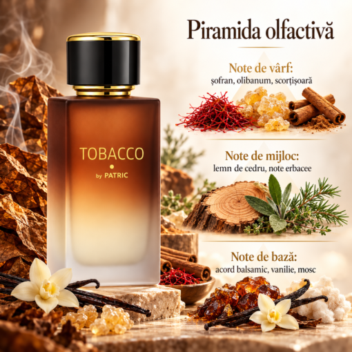 Piramida olfactivă Tobacco by PATRIC 100 ml, cu șofran, rășini, scorțișoară, cedru, note erbacee, vanilie și mosc, alături de flacon.