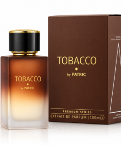 Tobacco by PATRIC 100 ml, parfum unisex cu flacon satinat maro și crem, capac negru-auriu și cutie maro Premium Series, pe fundal alb.